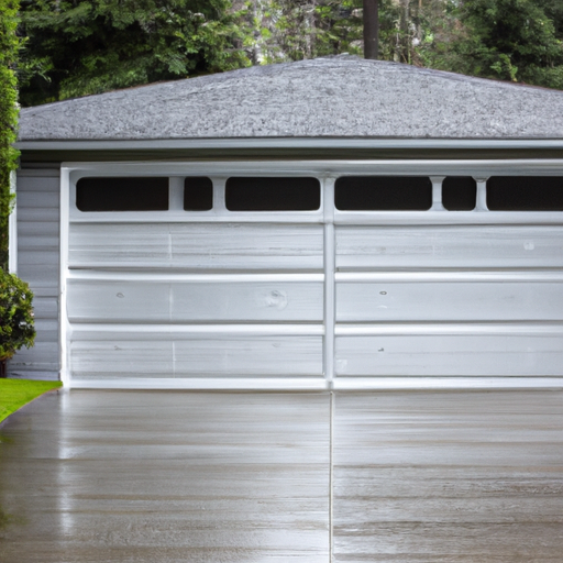 Sectional garage door closed on a wet driveway in Clyde Hill, WA with visible weatherstripping and tracks.