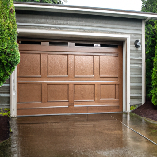 Modern insulated garage door with weatherstripping on a wet driveway in Clyde Hill, WA, overcast PNW lighting