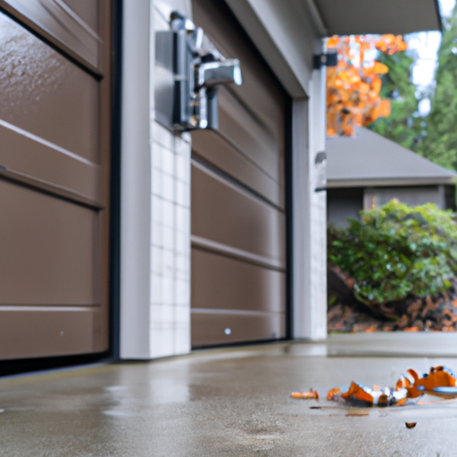 Residential garage door and opener visible from exterior in Clyde Hill neighborhood, overcast light, driveway with wet leaves.