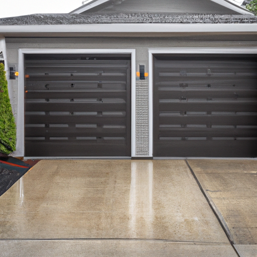Modern sectional garage door on a suburban Clyde Hill driveway with visible tracks and opener, overcast lighting.
