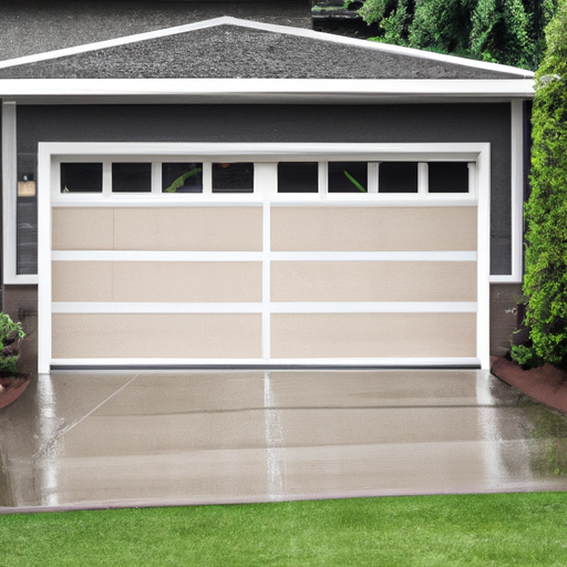 Residential garage door in Clyde Hill, WA on an overcast day with damp driveway and evergreen landscaping.