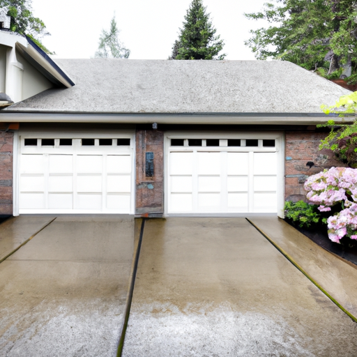 Residential garage door in Clyde Hill, WA with visible weather seals and damp driveway under overcast sky.