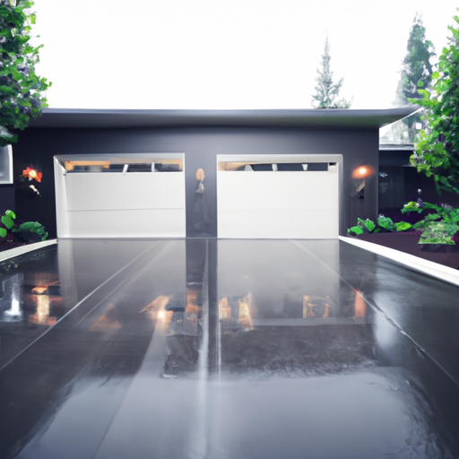 Closed residential garage door on a wet driveway in Clyde Hill, WA with nearby Northwest vegetation and clear detail of panels and tracks.