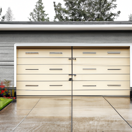 Modern residential garage door closed on a wet Clyde Hill street with Pacific Northwest landscaping visible.