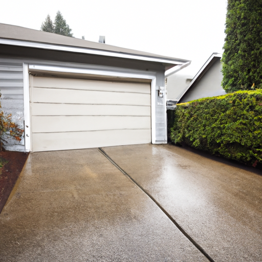Clyde Hill residential garage door with visible weatherstripping and threshold on an overcast rainy day.
