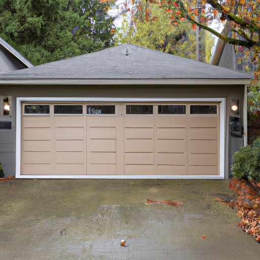 Modern two-car garage door on a Cedar-sided home in Clyde Hill, WA with overcast Pacific Northwest light.