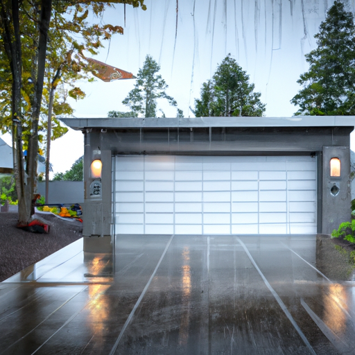 Contemporary garage door with smart keypad and hub on a rainy Clyde Hill driveway; Lake Washington visible in background.