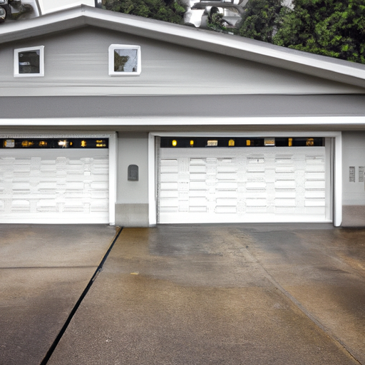 Suburban Clyde Hill driveway with a modern sectional garage door, showing tracks and weatherstripping under overcast sky.