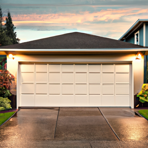 Sectional garage door on a suburban home in Clyde Hill, WA at golden hour; door and seals visible, no people.