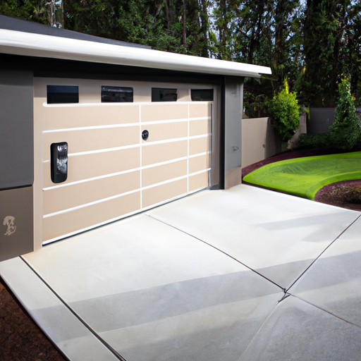 Suburban Clyde Hill garage with an insulated panel door and visible smart keypad on the exterior wall, damp-season light.