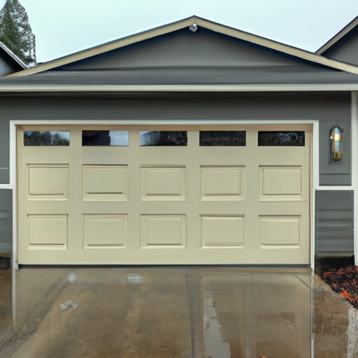 Insulated sectional garage door on a wet driveway in Clyde Hill, WA, with cedar siding and overcast sky.