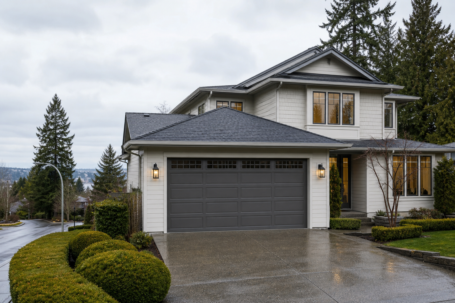 Clyde Hill home exterior with a visible garage door on an overcast day
